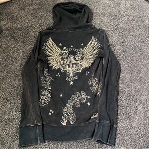 Vintage Forever 21 Affliction style hooded Long Sleeve top with Bedazzled Grunge